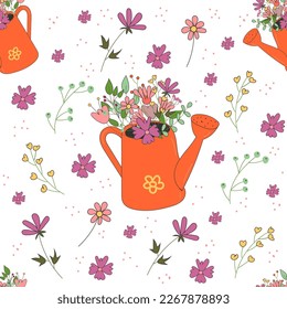 Patrón inmaculado con un ramo de flores de primavera en una lata de agua naranja
