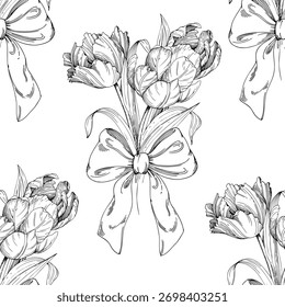 Patrón sin fisuras de ramo de tulipanes y lazos. Ilustración de tinta hecha a mano de tulipán. Para el diseño de tarjetas, fundas, estampados, etiquetas de productos y tejidos.