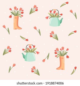 Seamless pattern bouquet of tulips in kettle and bouquet of tulips in rubber boots