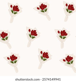 Seamless pattern with a bouquet of tulips for valentine's day designs. Vector illustration of red spring tulips.
