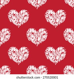 seamless pattern from bouquet of white tulips in heart shape on a red background