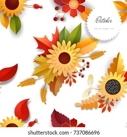 Seamless pattern with bouquets of autumn leaves, flowers, fruits and berries
