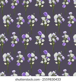 Seamless pattern of bouquets with bellflowers on a purple background