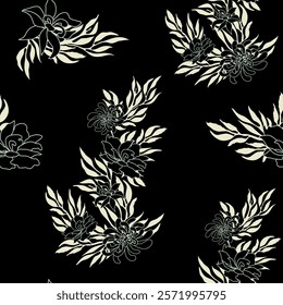 Seamless pattern with bouquets of black chrysanthemums, dahlias, lilies and gray leaves on black background. Collection of high contrast creative prints for fabric, packing etc. Vintage style. Vector.