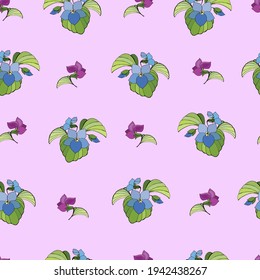 Seamless pattern with bouquets of blue and purple flowers of violets on a pink background.  Vector illustration for festive design, packaging, wallpaper, fabric, textile, stationery, accessories.