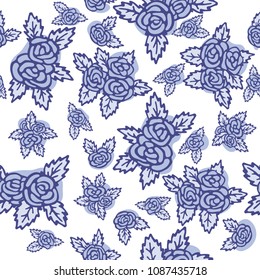 Seamless pattern, bouquets of blue roses on white background. Hand drawn elements, retro design