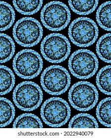 Patrón sin foco con ramos de flores azules en círculos sobre un fondo negro en vector