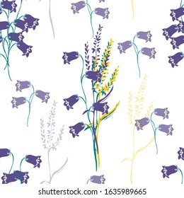 Seamless pattern with bouquets of campanula or bellflower and meadow grass. Hand drawn illustration on white background. Great  for fabric, wrapping papers, wallpapers.