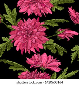Seamless pattern with bouquets of chrysanthemums on the black background. Endless texture for design. Vector background for your greeting cards, fabric design, wedding announcements.