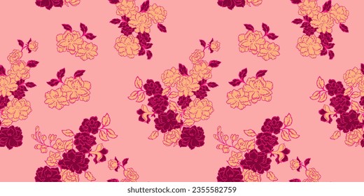 Patrón sin foco con ramos de flores lindas. Flores monótonas retro estilo patrón sin fisuras. Esbozo dibujado a mano por vectores. Plantilla para textiles, moda, impresión, diseño de superficie, papel, cubierta, tela