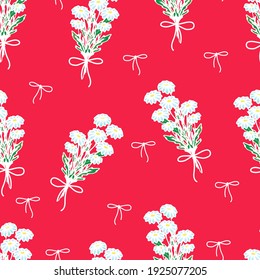 Patrón sin foco con ramos de margaritas sobre un fondo de color, margaritas silvestres atadas con una cinta, flores de primavera, impresión vectorial de verano al estilo de doodle 