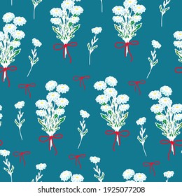 Seamless pattern with bouquets of daisies on a colored background, wild daisies tied with a red ribbon, spring flowers, summer vector print in doodle style.