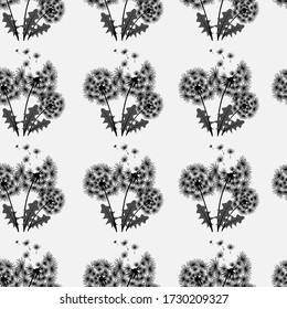 Seamless pattern. Bouquets of dandelions in rows. Black linear drawing on a white background. Spring texture with flowers, leaves, flying seeds, fluffs. Vector illustration, fashion print.