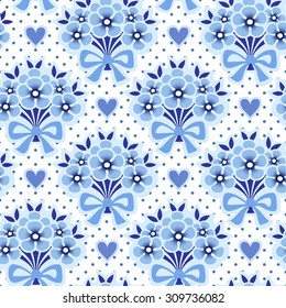 Seamless pattern with bouquets of flowers, bows and hearts. Floral polka dot background.