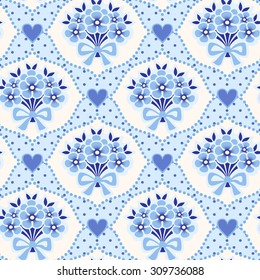 Seamless pattern with bouquets of flowers, bows and hearts. Floral polka dot background.
