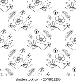 Seamless pattern of bouquets of flowers, branches in the style of doodle, black outline drawing.