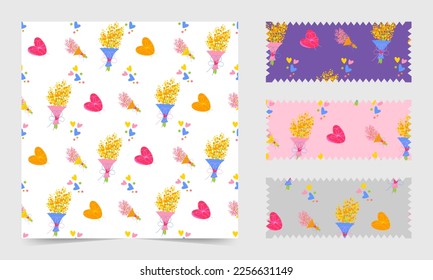 Seamless pattern with bouquets of flowers, hearts, gifts. Bright, colorful, isolated, with previews on different backgrounds.