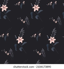 Seamless pattern with bouquets of flowers and leaves on a dark background. Romantic floral print in pastel colors. Composition from flowers of white lily,  various leaves. Vector design.