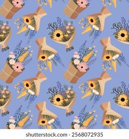 Seamless pattern of bouquets of flowers, in a paper bag, packaging, for fabric, packaging. Vector.