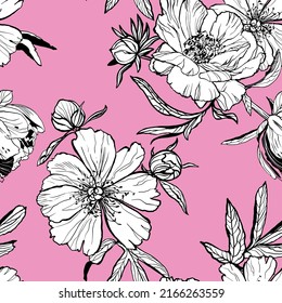 Seamless pattern with bouquets of flowers peonies and buds vector graphics hand drawn line art print for fabric design, textile, wallpapers, cosmetics packaging.