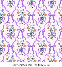 Seamless pattern with bouquets of flowers and ribbons. Vector graphics