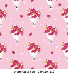 Seamless pattern with bouquets of flowers, strawberries and hearts on a pink background. Love, Valentine's Day, Mother's Day or birthday concept. Packing paper or fabric. Vector illustration.