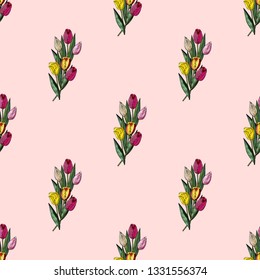 Seamless pattern of bouquets and flowers of yellow and pink tulips on a pale pink background.