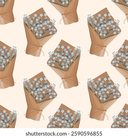 Seamless pattern of bouquets with forget me not flowers in craft paper on light beige background. Vector editable background.