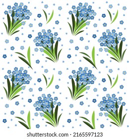 Seamless pattern with bouquets of forget-me-nots and petals falling off them. Bouquets of delicate blue flowers in a flat style illustration. Small print for textiles, wallpapers, backgrounds.