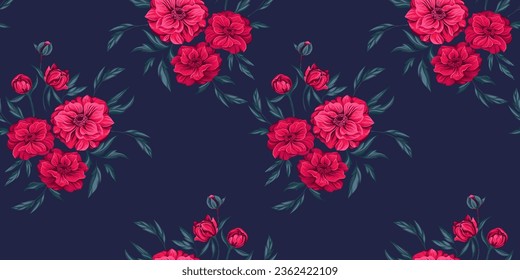 Seamless pattern with bouquets graphic spring flowers (trollius) and  leaves. Floral pattern Ranunculus, Dahlia, Trollius asiaticus flower, Globe flower vector hand drawn. Template for design