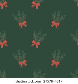 Seamless pattern with bouquets of green Christmas tree branches decorated with a red and green checkered bow on a green background.