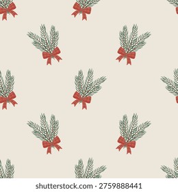 Seamless pattern with bouquets of green Christmas tree branches decorated with a red and green checkered bow on a light background.	