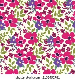 Seamless pattern with bouquets of hand-drawn plants. Spring floral print with artistic flowers, leaves on a white background. Romantic botanical surface. Vector illustration.
