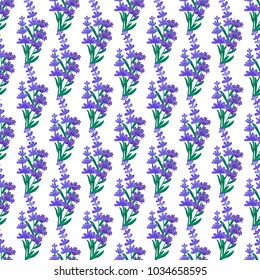 Seamless pattern with bouquets of lavender on a white background. For textiles, Wallpaper, wrapping paper, postcards, decor, decoration, background, backdrop, wedding invitations.