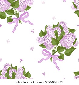 Seamless pattern with bouquets of lilacs bandaged ribbons with a bow on a white background. Vector illustration on white background.Flower composition .
