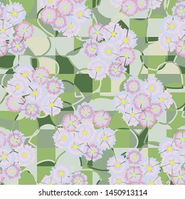 Seamless pattern of bouquets made up of abstract flowers of carnations arranged randomly on a background of leaves divided into squares.