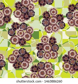 Seamless pattern of bouquets made up of abstract flowers of carnations arranged randomly on a background of leaves divided into squares.