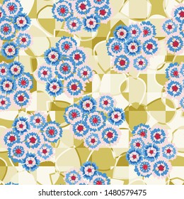 Seamless pattern of bouquets made up of abstract flowers of carnations arranged randomly on a background of leaves divided into squares.