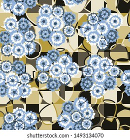 Seamless pattern of bouquets made up of abstract flowers of carnations arranged randomly on a background of leaves divided into squares.
