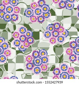 Seamless pattern of bouquets made up of abstract flowers of carnations arranged randomly on a background of leaves divided into squares.