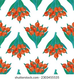 Seamless pattern with bouquets of orange tulips. Bunch of freshly cut flowers. Spring symbol. Floral print with green leaves. Vector illustration