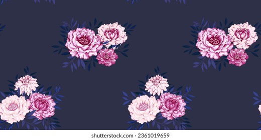 Seamless pattern with bouquets of peonies, dahliaes and leaves. Vector hand drawn texture print. Artistic, feminine, cute, minimalistic  floral background. Template for design