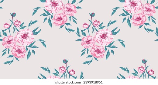 Patrón sin foco con ramos de flores primaverales rosadas y coloridas ranunculus y hojas sobre un fondo claro. Dibujado a mano por el vector. Impresión artística, femenina, floral. Diseño de moda, tela, papel pintado. 