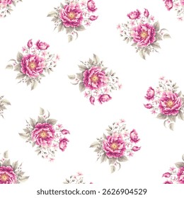 Een naadloos patroon van boeketten van roze bloemen. De bloemen zijn licht, licht gedempt roze, met een diepere roze centrum. Ze worden gepresenteerd in trossen met verschillende hoeveelheden kleine, gedetailleerde knoppen.
