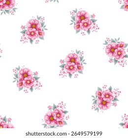 A seamless pattern of bouquets of pink flowers on a white background. The flowers are a light to medium shade of pink with a darker pink center. The flowers have a slightly textured.