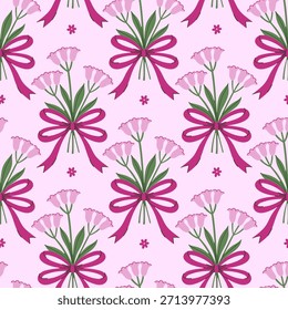 Patrón sin fisuras con ramos de flores rosadas atadas con lazos. Gráficos de Vector.