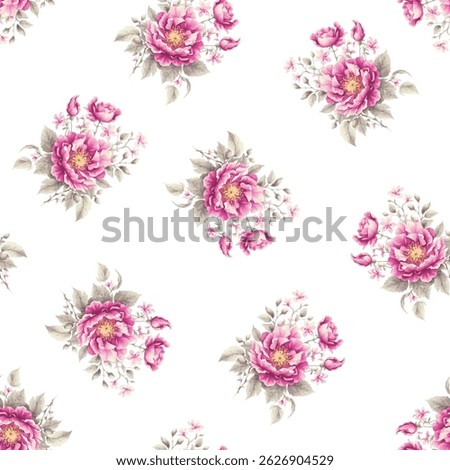 A seamless pattern of bouquets of pink flowers. The flowers are a light, slightly muted pink, with a deeper pink center. They are presented in bunches with varying amounts of small, detailed buds.