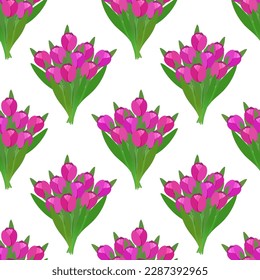 Patrón sin foco con ramos de tulipanes rosados. Montón de flores recién cortadas. Símbolo de primavera. Impresión floral con hojas verdes. Ilustración del vector