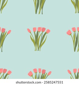 Seamless pattern with bouquets of pink tulips. Floral spring vector flat background. Elegant botanical illustration backdrop for textile design, scrapbooking, wrapping paper