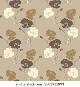 	
Patrón sin inconfundibles, ramos de amapolas, tonos beige. Imprimir, fondo elegante, textil, papel pintado, vector	

